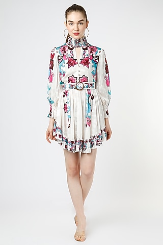 White Viscose Jacquard Printed Dress by Mia Magell