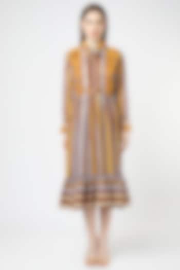Mustard Georgette Printed Midi Dress by Mia Magell