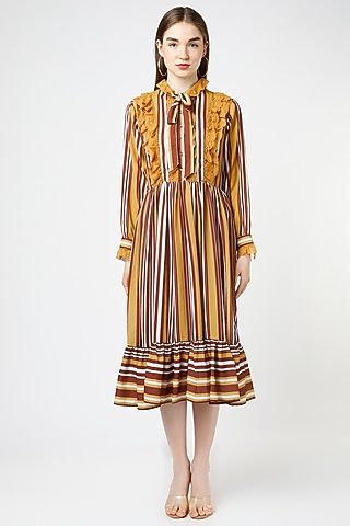 Mustard Georgette Printed Midi Dress by Mia Magell