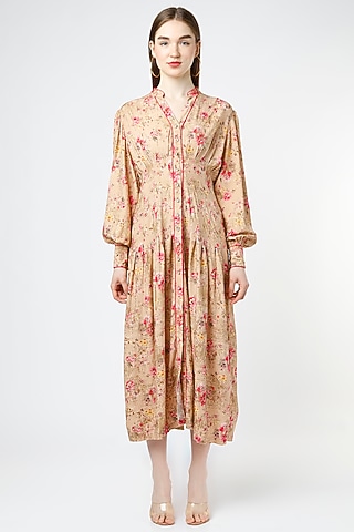 Beige Modal Printed Dress by Mia Magell