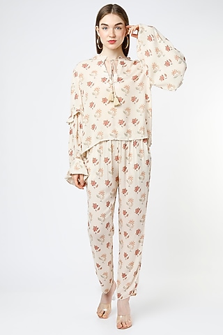 Beige Rayon Crepe Pant Set by Mia Magell