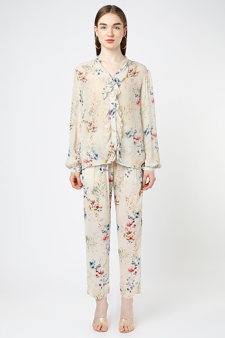 Creme Rayon Printed Pant Set by Mia Magell