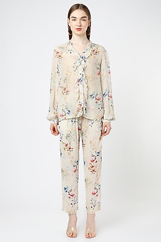 Creme Rayon Printed Pant Set by Mia Magell
