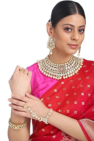 Gold Plated Pearls Necklace Set by Minaki