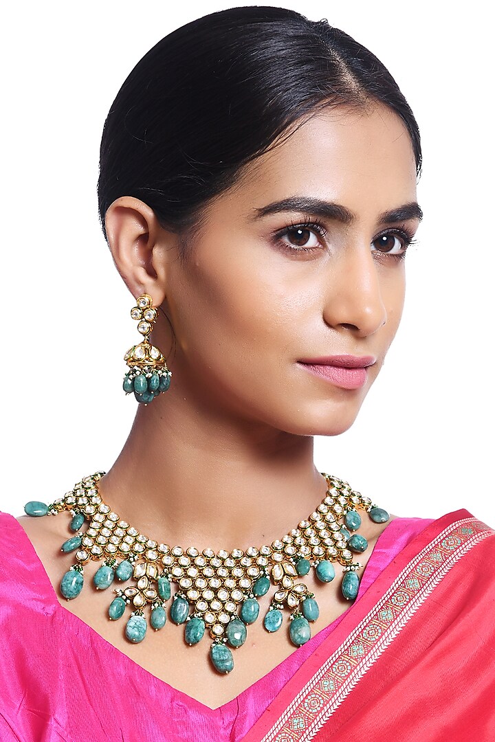 Gold Plated Emerald Necklace Set by Minaki