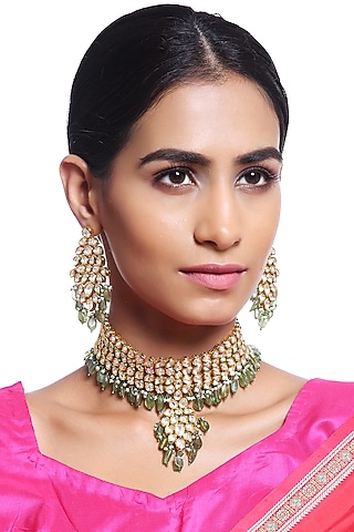 Gold Plated Peridot Necklace Set by Minaki