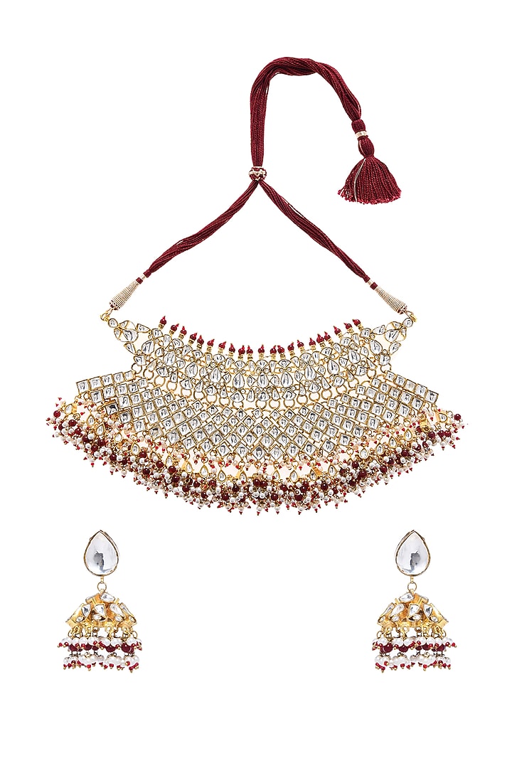Gold Finish Red Beaded Choker Necklace Set by Minaki at Pernia's Pop Up Shop