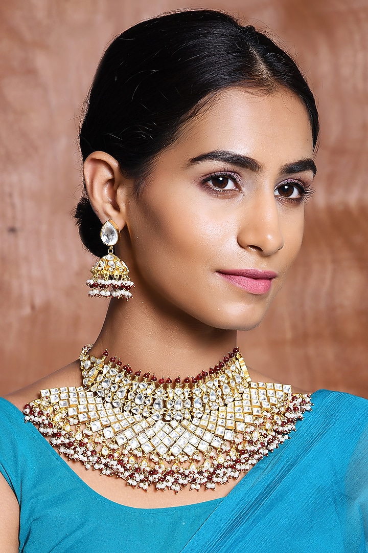 Gold Finish Red Beaded Choker Necklace Set by Minaki at Pernia's Pop Up Shop