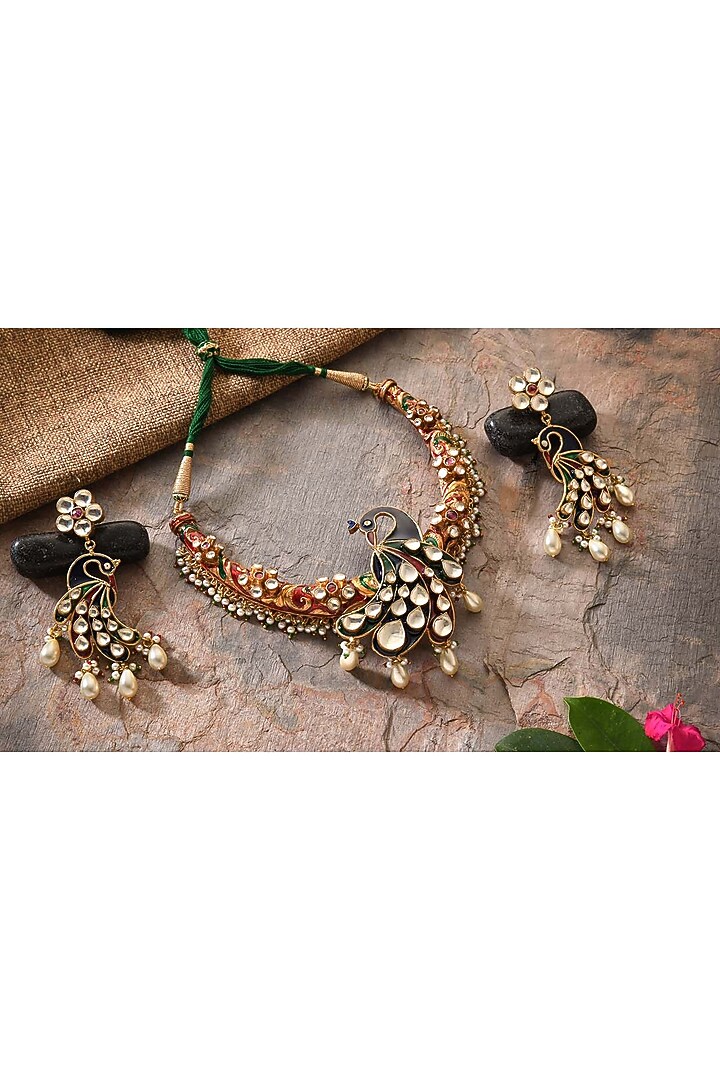 Gold Finish Pearl Meenakari Necklace Set by Minaki at Pernia's Pop Up Shop