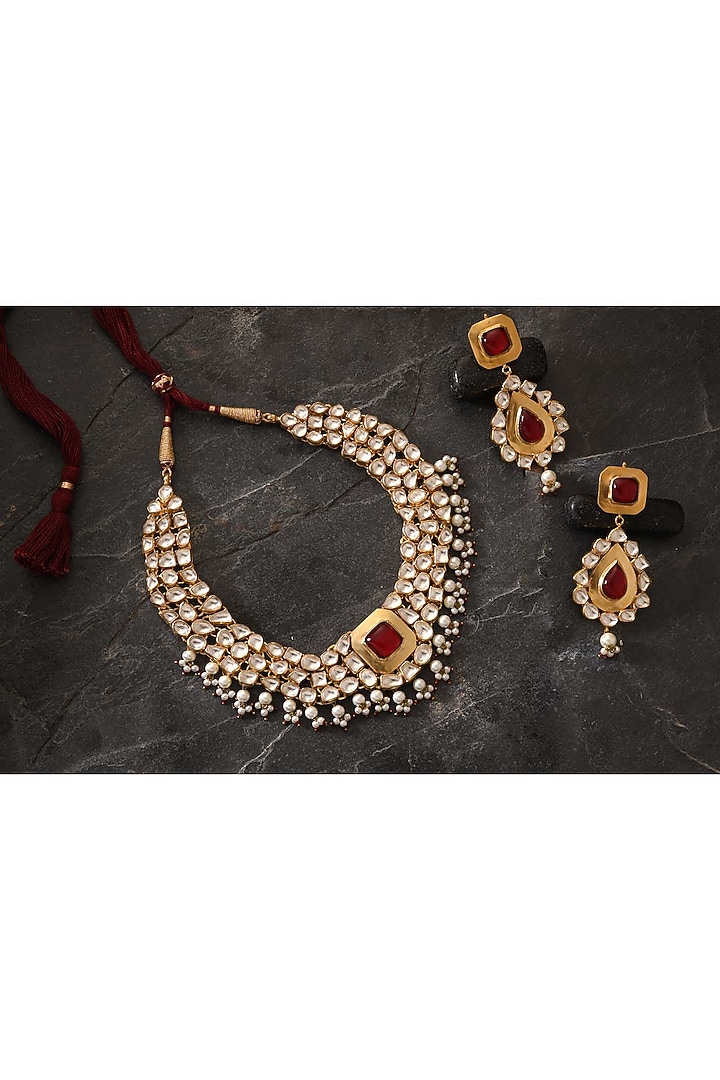 Gold Finish Red Stone Necklace Set by Minaki at Pernia's Pop Up Shop