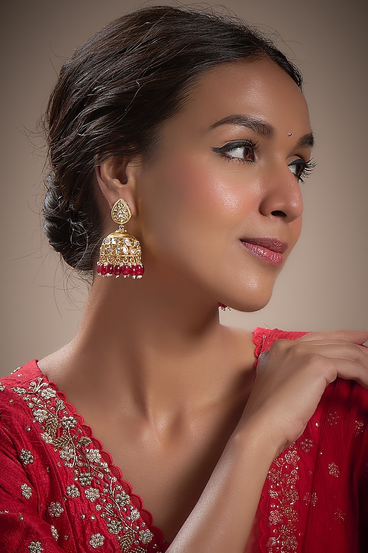 Gold Plated Kundan Polki & Ruby Beaded Jhumka Earrings by Minaki at Pernia's Pop Up Shop