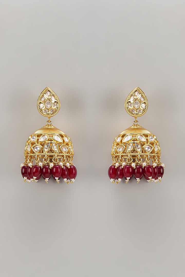 Gold Plated Kundan Polki & Ruby Beaded Jhumka Earrings by Minaki at Pernia's Pop Up Shop