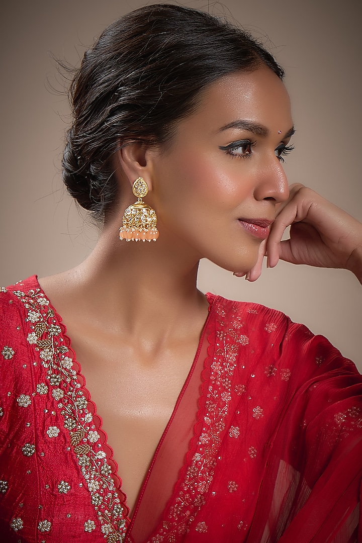 Gold Plated Kundan Polki & Peach Beaded Jhumka Earrings by Minaki at Pernia's Pop Up Shop