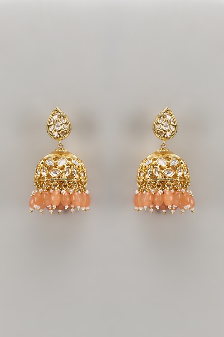 Gold Plated Kundan Polki & Peach Beaded Jhumka Earrings by Minaki at Pernia's Pop Up Shop