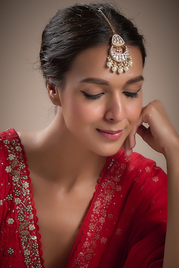 Gold Plated Kundan Polki & Pearl Maang Tikka by Minaki at Pernia's Pop Up Shop