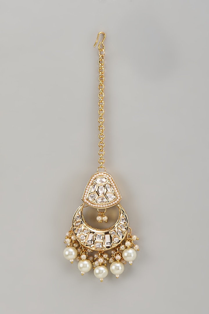 Gold Plated Kundan Polki & Pearl Maang Tikka by Minaki at Pernia's Pop Up Shop