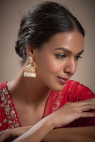Gold Plated Kundan Polki & Pearl Jhumka Earrings by Minaki