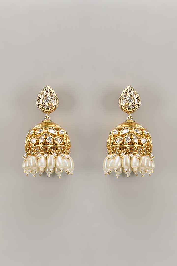 Gold Plated Kundan Polki & Pearl Jhumka Earrings by Minaki at Pernia's Pop Up Shop