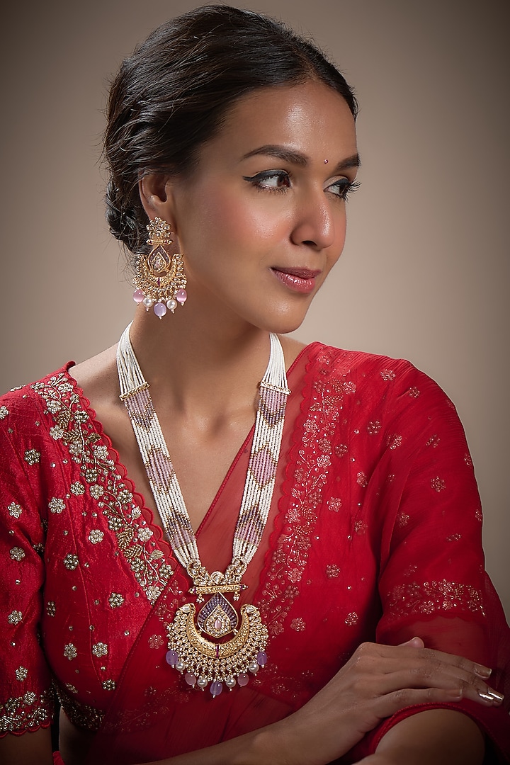 Gold Plated Kundan Polki & Pearl Layered Necklace Set by Minaki at Pernia's Pop Up Shop