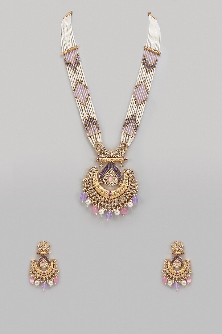 Gold Plated Kundan Polki & Pearl Layered Necklace Set by Minaki at Pernia's Pop Up Shop