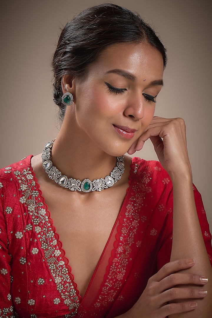 Two-Tone Finish Kundan Polki & Emerald Synthetic Stone Necklace Set by Minaki at Pernia's Pop Up Shop