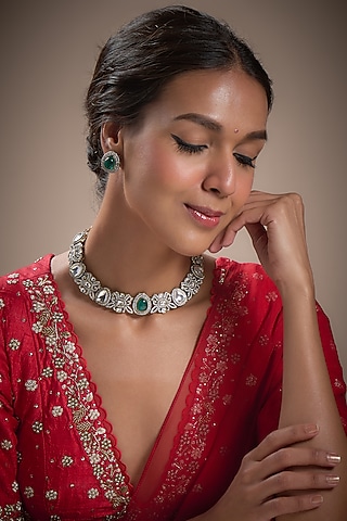 Two-Tone Finish Kundan Polki & Emerald Synthetic Stone Necklace Set by Minaki
