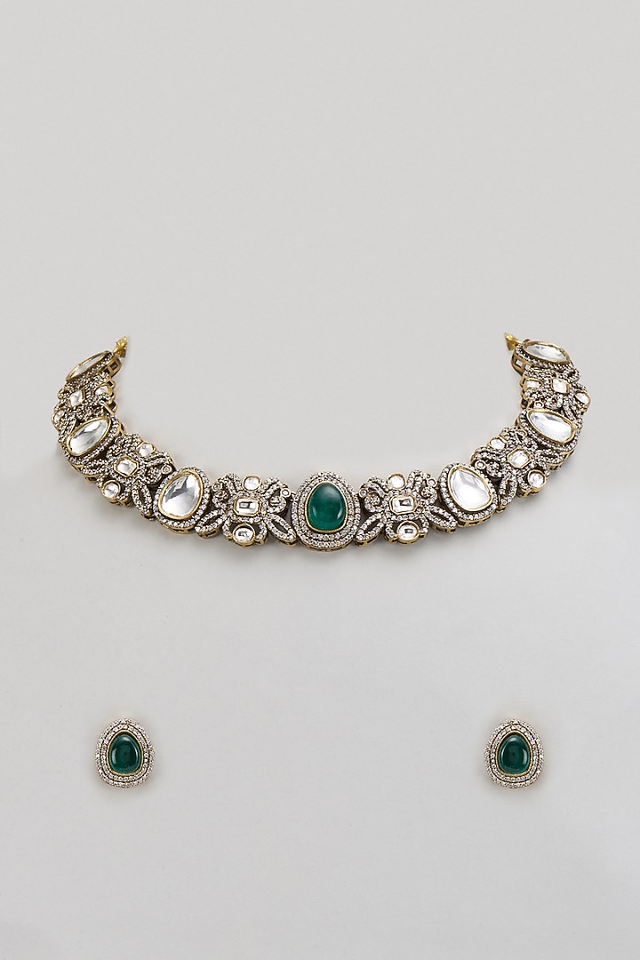 Two-Tone Finish Kundan Polki & Emerald Synthetic Stone Necklace Set by Minaki at Pernia's Pop Up Shop
