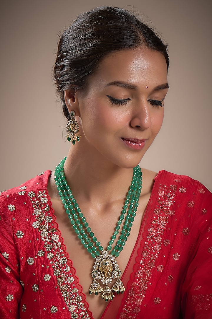 Gold Finish Emerald Beaded & Pearl Layered Necklace Set by Minaki at