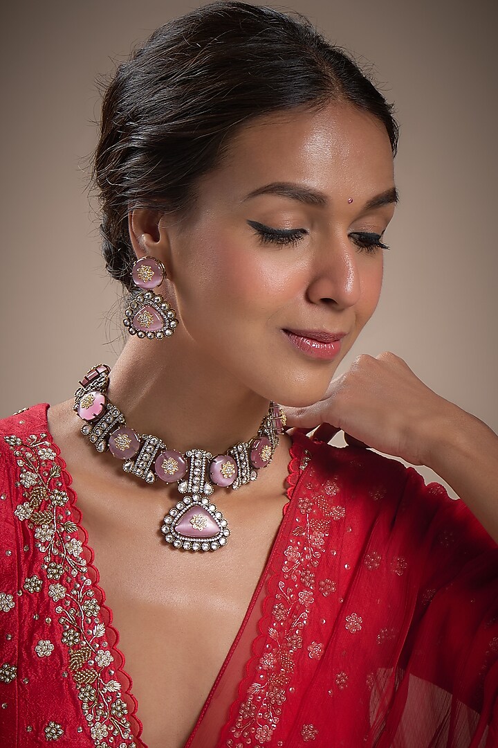 Two-Tone Finish Kundan Polki & Pink Stone Necklace Set by Minaki at Pernia's Pop Up Shop