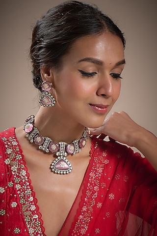 Two-Tone Finish Kundan Polki & Pink Stone Necklace Set by Minaki