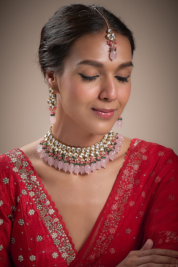 Gold Plated Kundan Polki & Beaded Necklace Set by Minaki at Pernia's Pop Up Shop