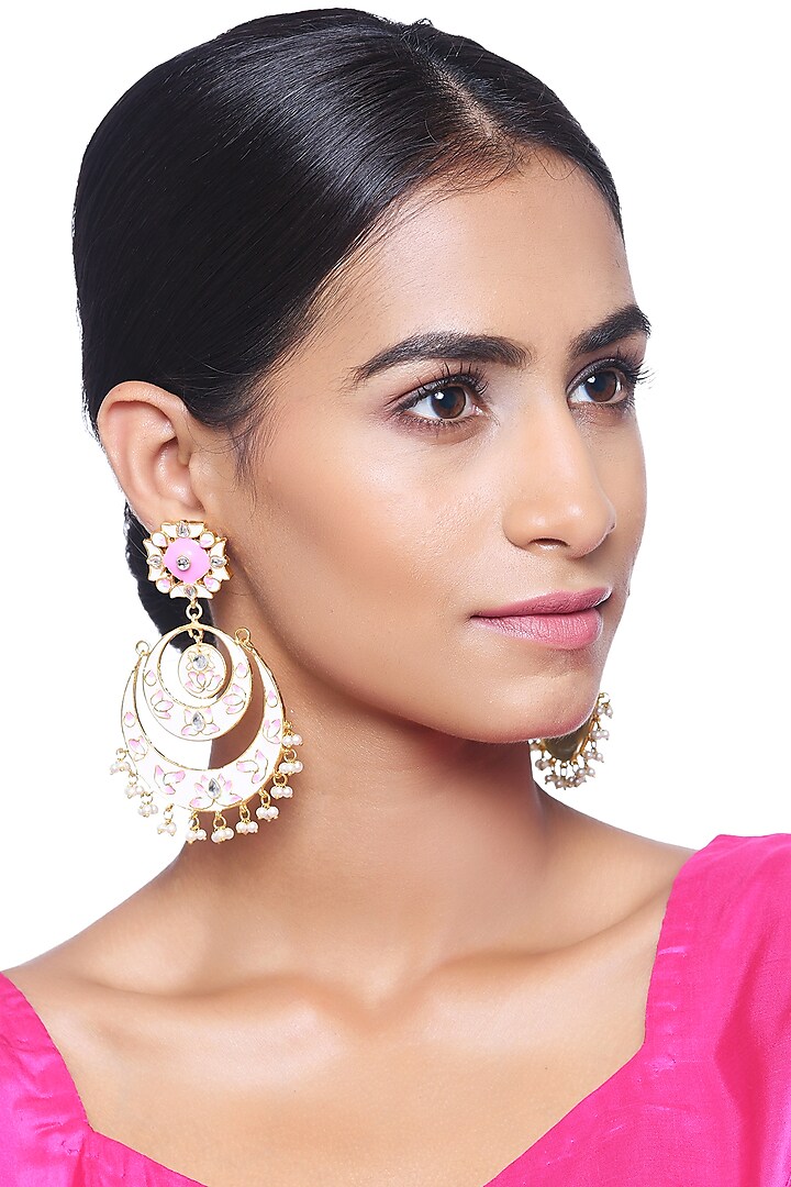 Pink Enamelled Chandbali Pearls Earrings by Minaki