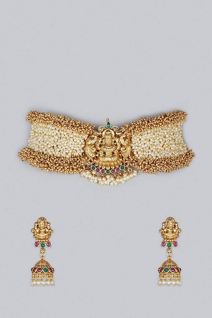 Gold Finish Pearl & Beaded Necklace Set by Minaki at Pernia's Pop Up Shop