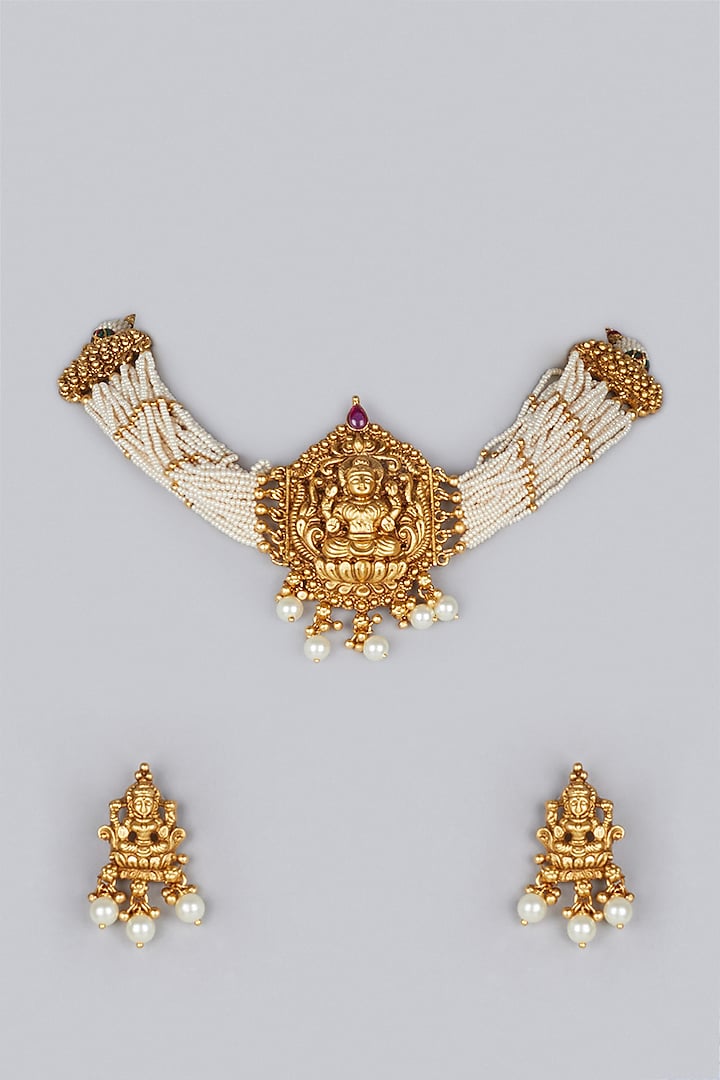 Gold Finish Laxmi Pendant Choker Necklace Set by Minaki
