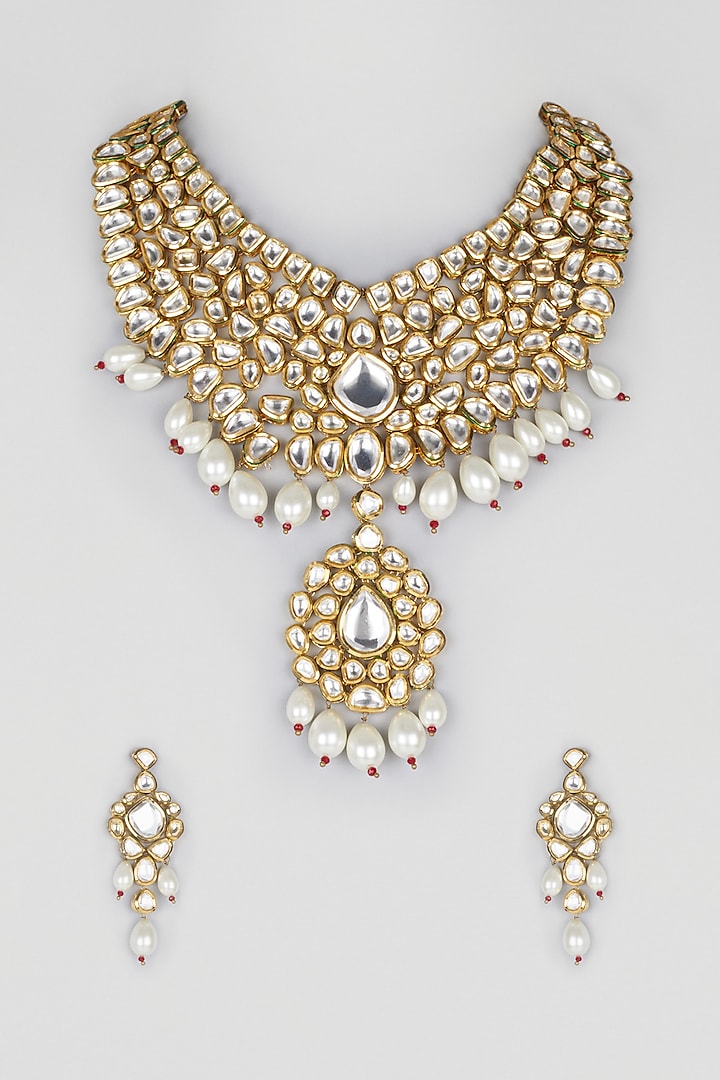 Gold Plated Shell Pearls & Kundan Polki Bridal Necklace Set by Minaki