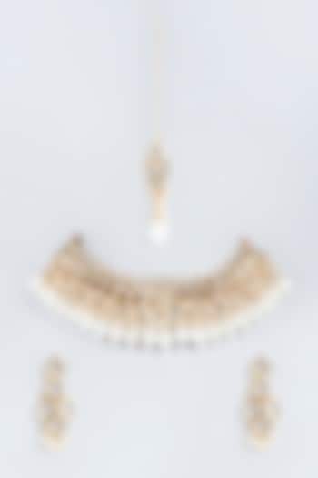 Gold Plated Pearl & Kundan Polki Necklace Set by Minaki