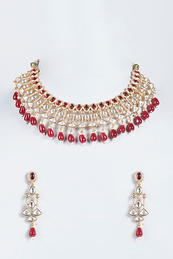 Gold Plated Agate & Ruby Stones Necklace Set by Minaki