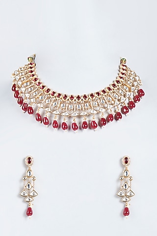 Gold Plated Agate & Ruby Stones Necklace Set by Minaki