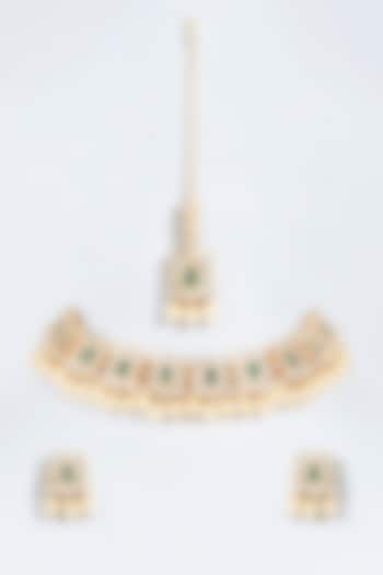 Gold Plated Emerald Kemp Stone Necklace Set by Minaki