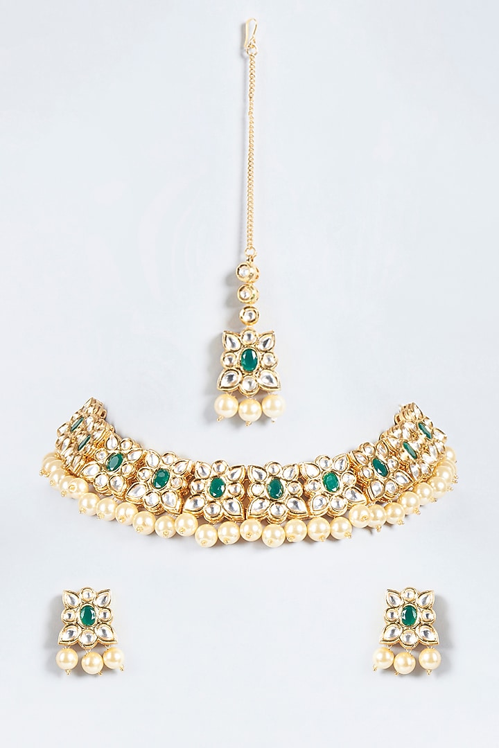 Gold Plated Emerald Kemp Stone Necklace Set by Minaki at Pernia's Pop Up Shop
