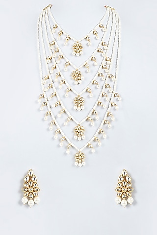 Gold Plated Pearl Layered Necklace Set by Minaki