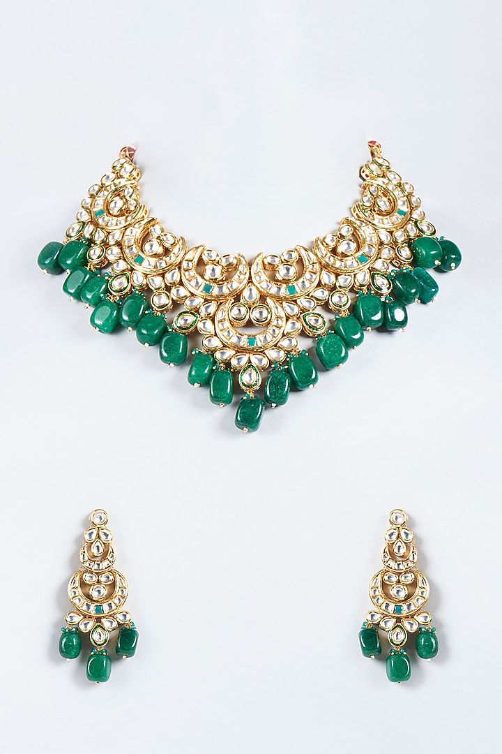 Gold Plated Agate & Emerald Beaded Necklace Set by Minaki at Pernia's Pop Up Shop