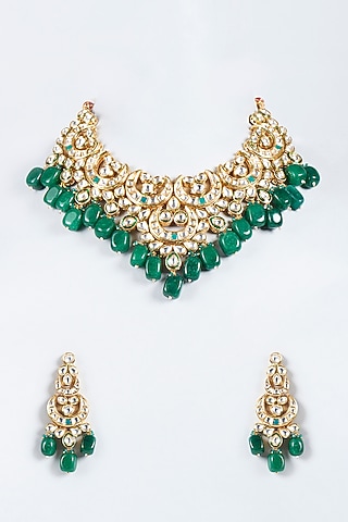 Gold Plated Agate & Emerald Beaded Necklace Set by Minaki