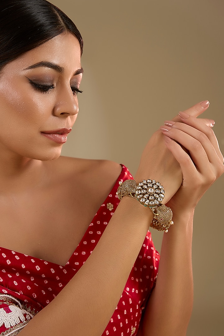 Gold Plated Kundan Polki & Crystal Blue Meenakari Ganesha Bracelet by Minaki at Pernia's Pop Up Shop