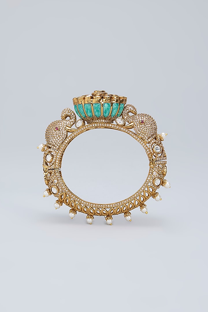 Gold Plated Kundan Polki & Crystal Blue Meenakari Ganesha Bracelet by Minaki at Pernia's Pop Up Shop