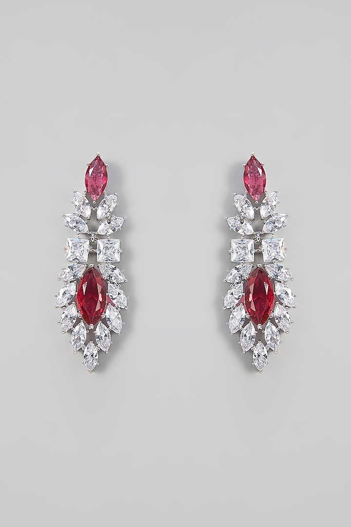 White Gold Finish Red Cubic Zirconia Dangler Earrings by Minaki at Pernia's Pop Up Shop