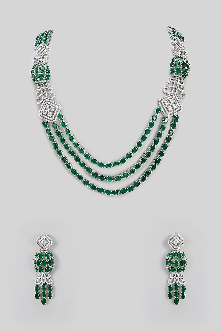 White Gold Finish Green Cubic Zirconia Layered Necklace Set by Minaki at Pernia's Pop Up Shop