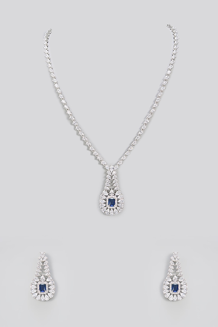 White Gold Finish Blue Cubic Zirconia Long Necklace Set by Minaki at Pernia's Pop Up Shop
