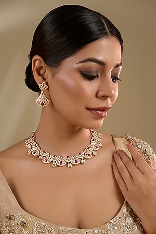 Gold Plated Kundan Polki & Pink Stone Meenakari Necklace Set by Minaki