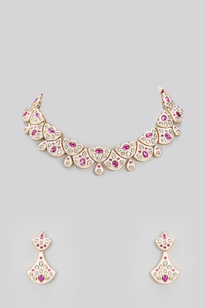 Gold Plated Kundan Polki & Pink Stone Meenakari Necklace Set by Minaki at Pernia's Pop Up Shop